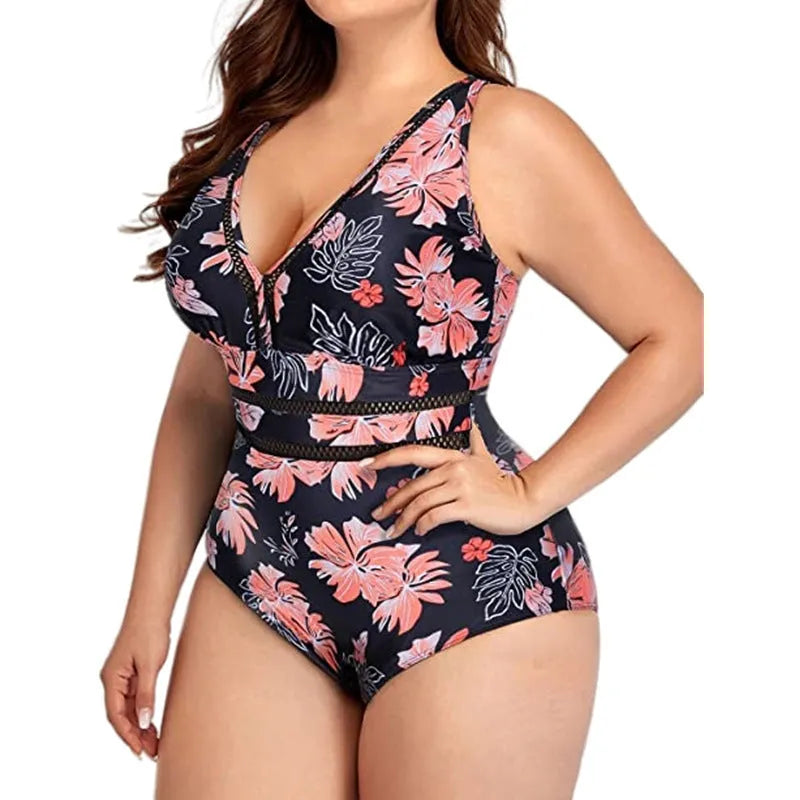 Black plus size swimsuit bikini with all-over printing and contrast stitching