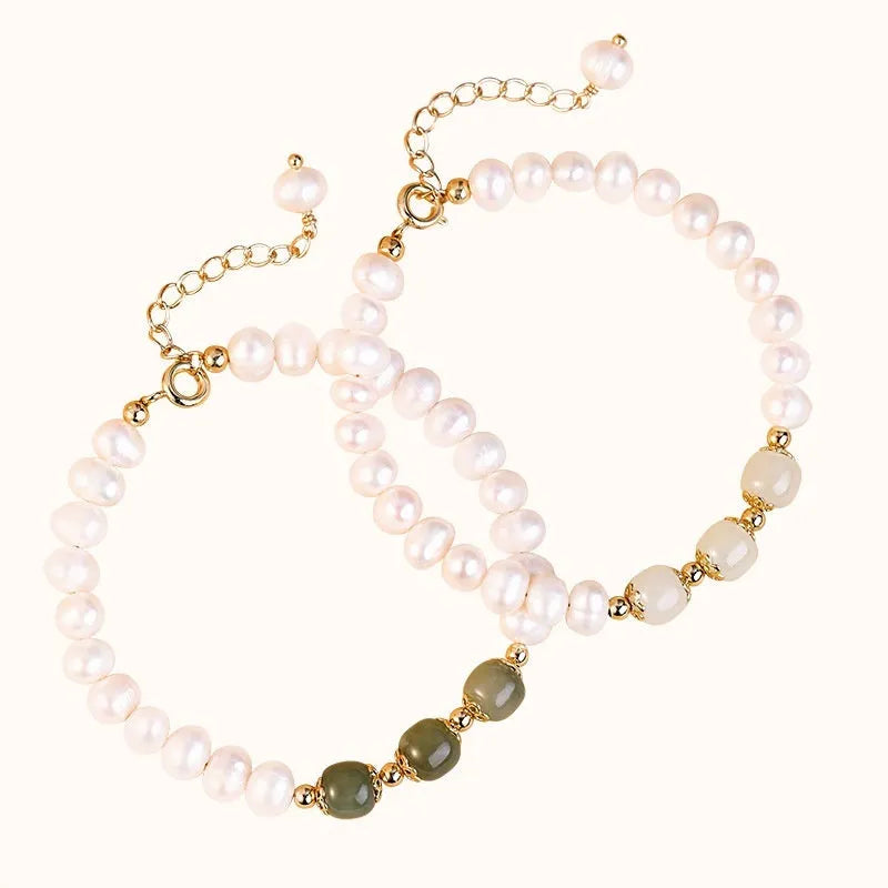Korean-style natural freshwater pearl bracelet with diamond-shaped pearls in Hetian jade colour.