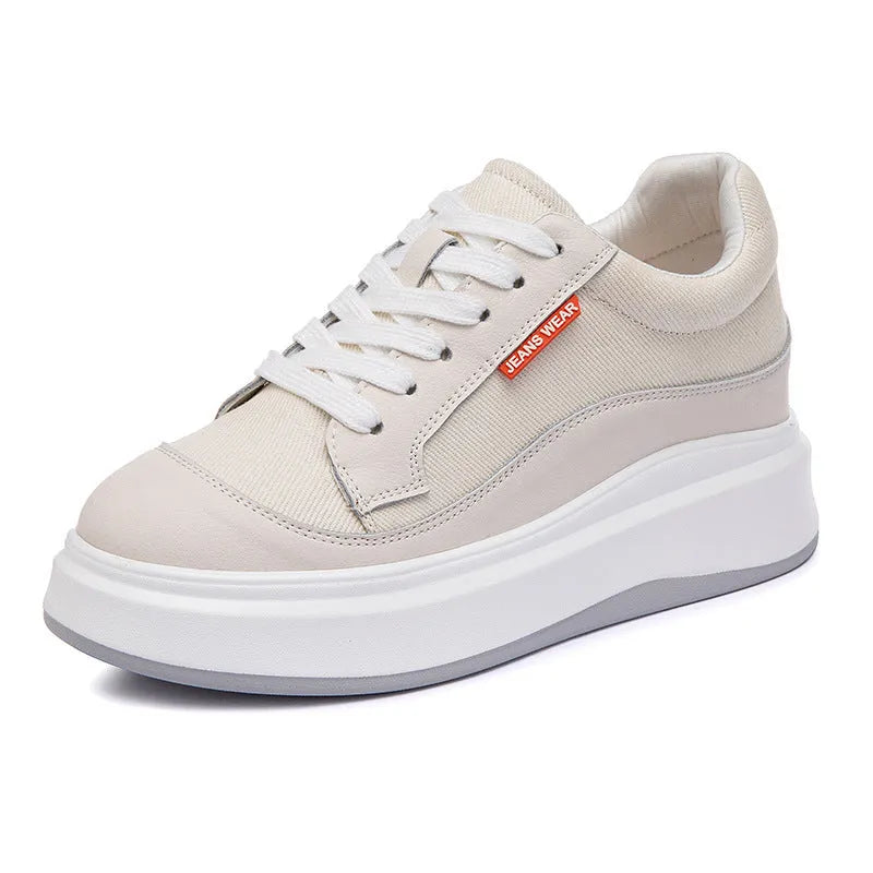 Women's beige and pink cowhide leather casual shoes with thick soles for height increase.