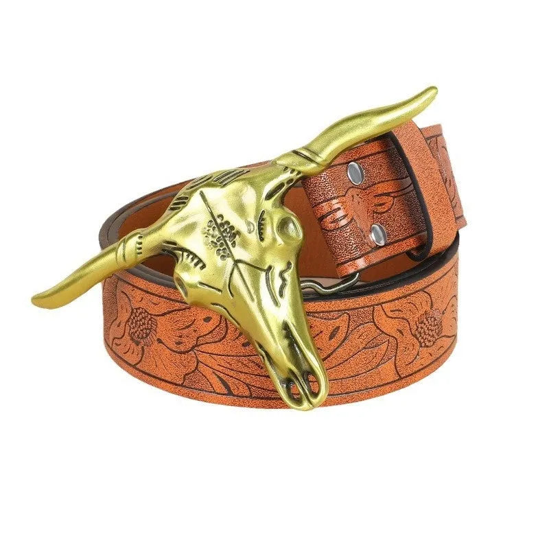 Men's brown leather-look belt with a detailed metal cow head buckle showing carved and embossed details.