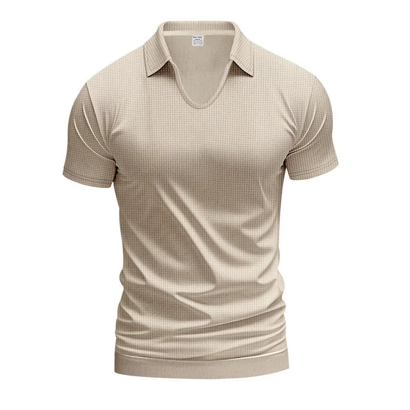 Men's loose casual V-neck short sleeve t-shirt in a light solid colour.