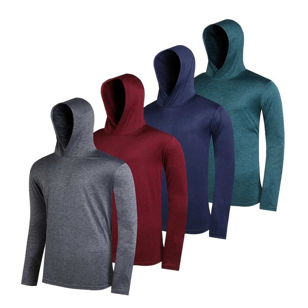 Pack of four men's lightweight hoodies in elastic polyester fibre, shown in various colours.