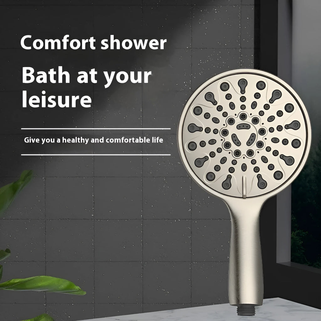 Six-function handheld shower head with chrome finish and 6-inch diameter