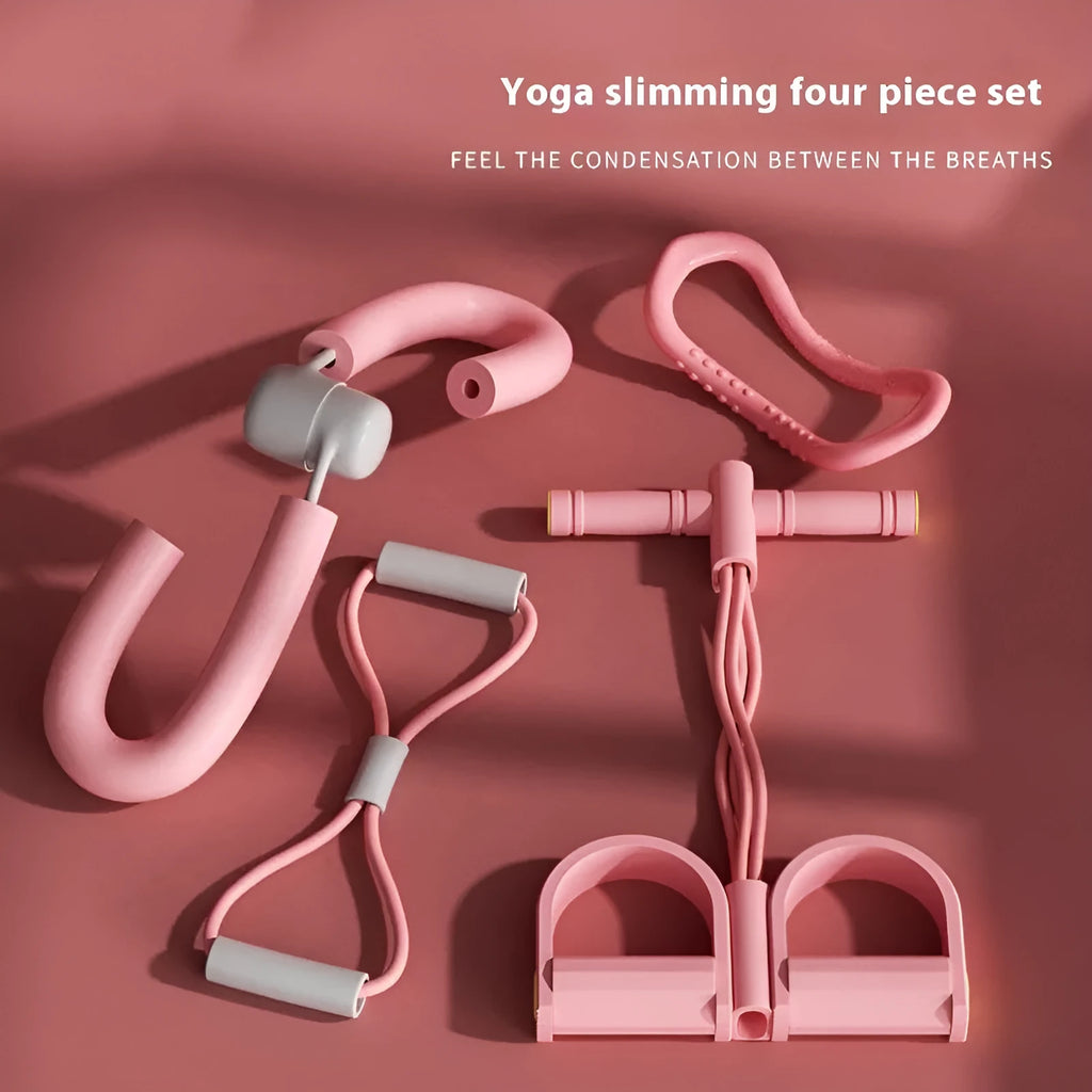 Yoga four piece fitness set with leg beauty device, yoga ring, pedal tension device, and figure eight tension rope