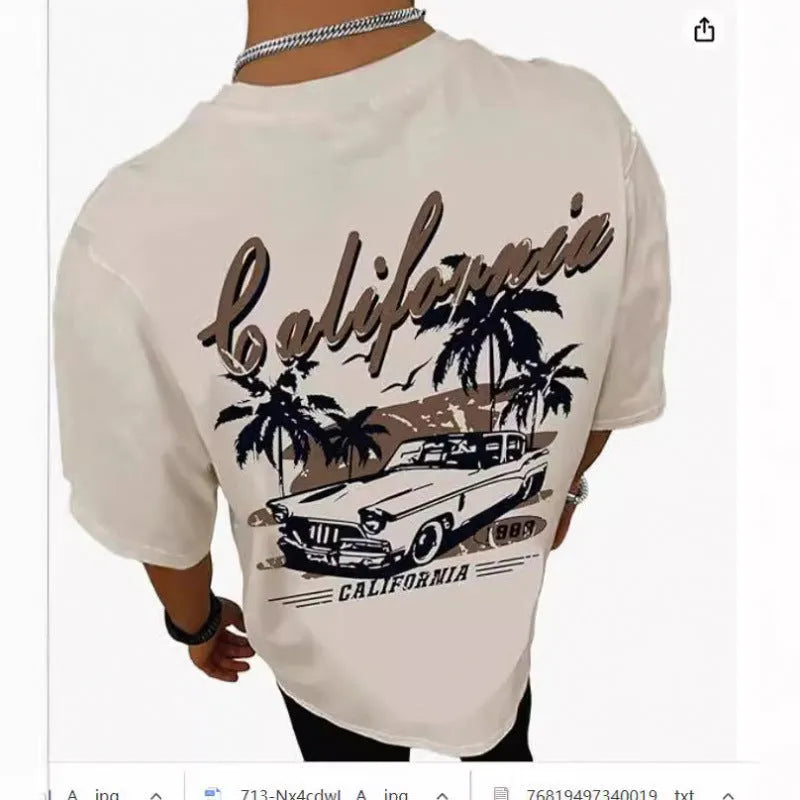 Men's printed short-sleeve street sports t-shirt on a hanger, showing a digital print pattern.