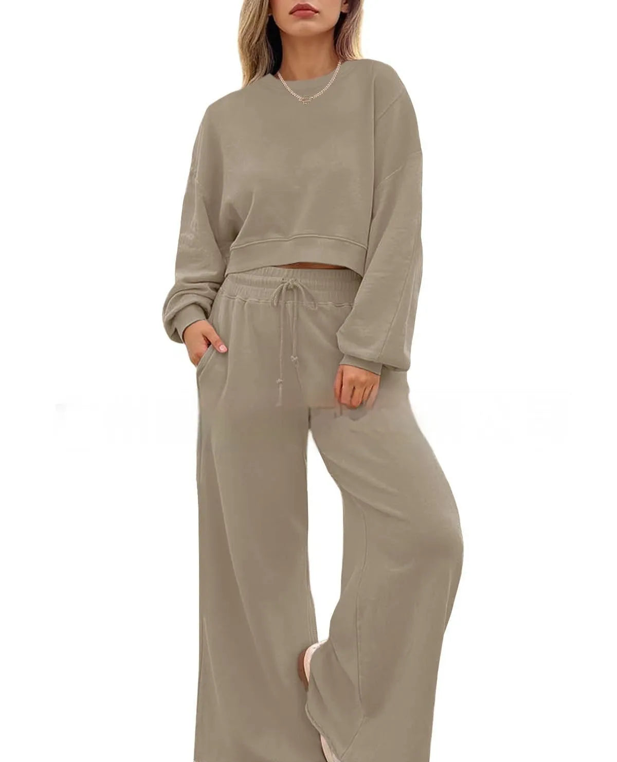 Women's solid colour polyester two-piece trousers set with street hipster styling