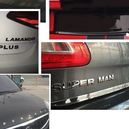 Metal car bumper stickers showing 3D raised English alphabet letters in silver finish