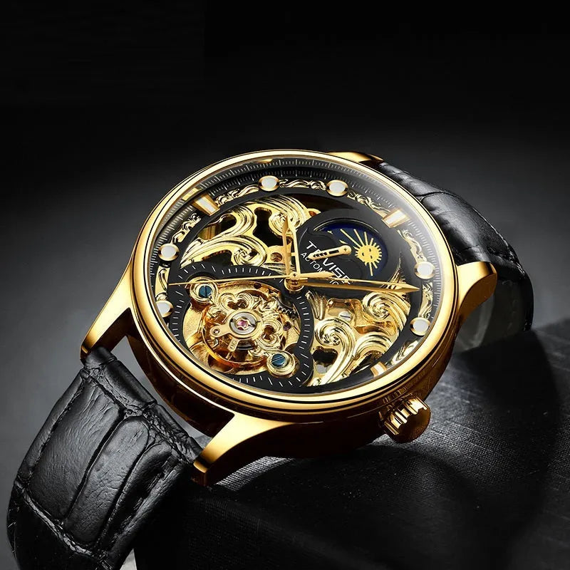 Men's automatic waterproof watch with leather strap in gold or white options, 16mm thickness case