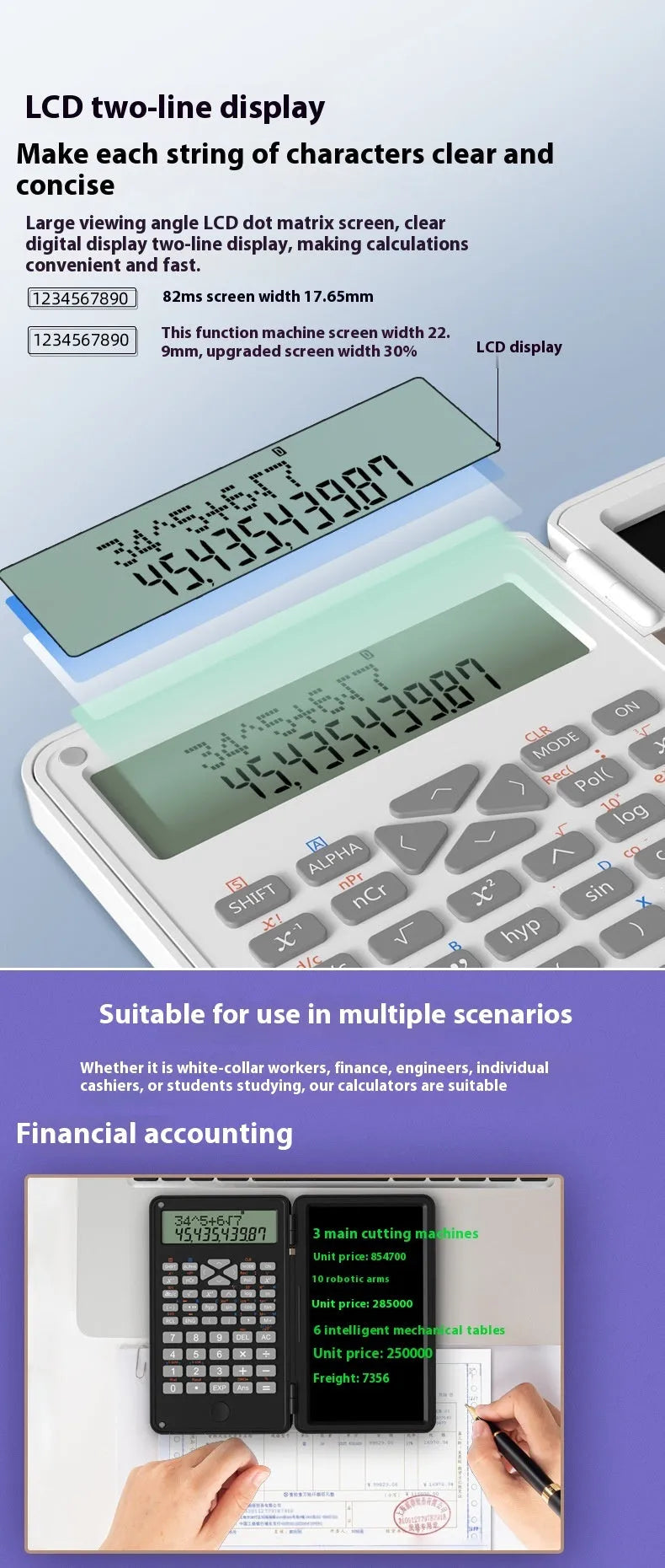 Plastic scientific calculator with handwriting board in black colour, measuring 162 x 82.2 x 18.3mm