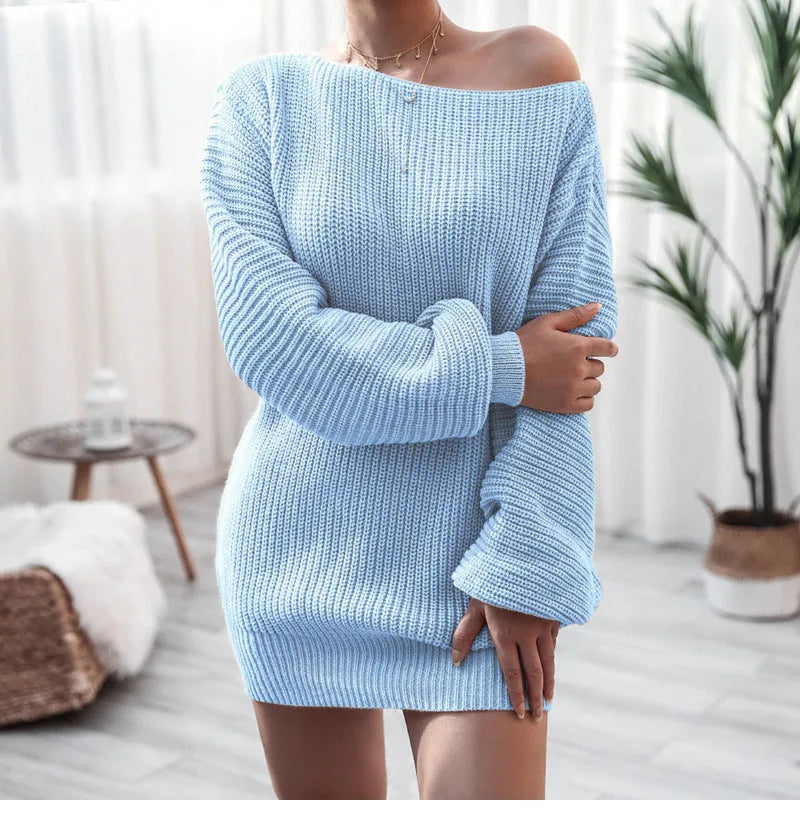 Women's off-the-shoulder knitted sweater dress with lantern sleeves in solid colour