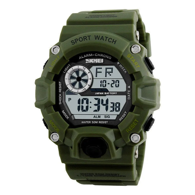 Waterproof electronic sports watch with round dial and plastic strap in camouflage green colour