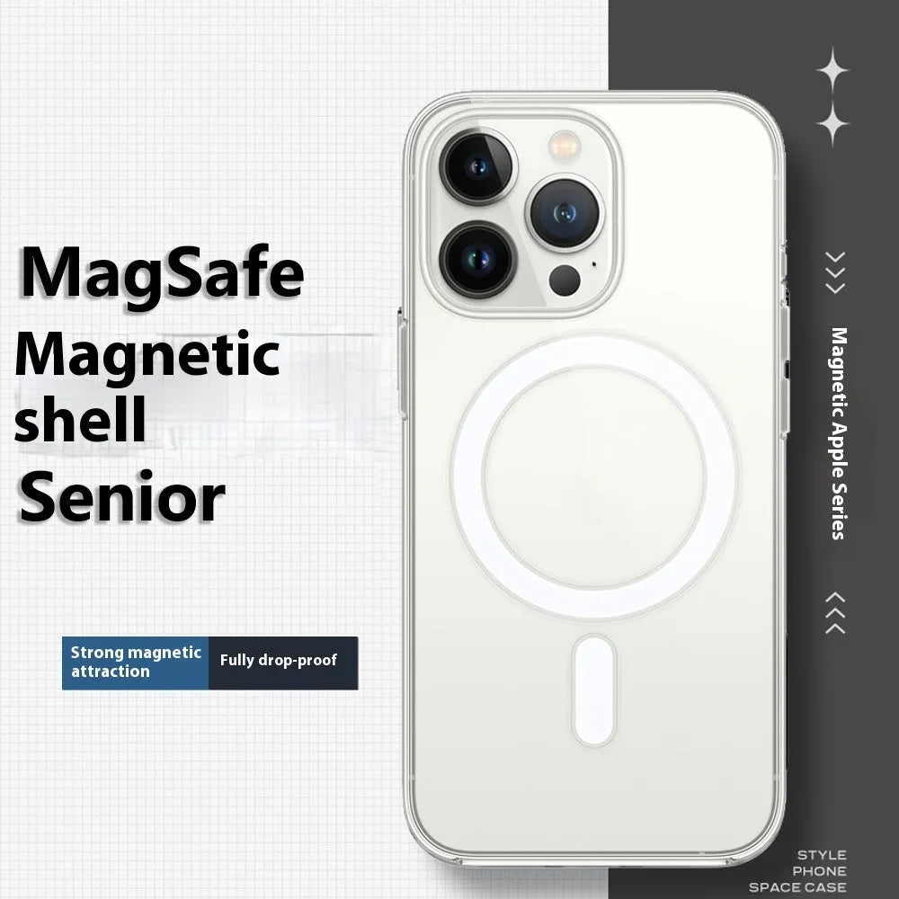 Magnetic transparent PC phone case with straight-edge airbag protection for Apple iPhone, transparent colour, simple design