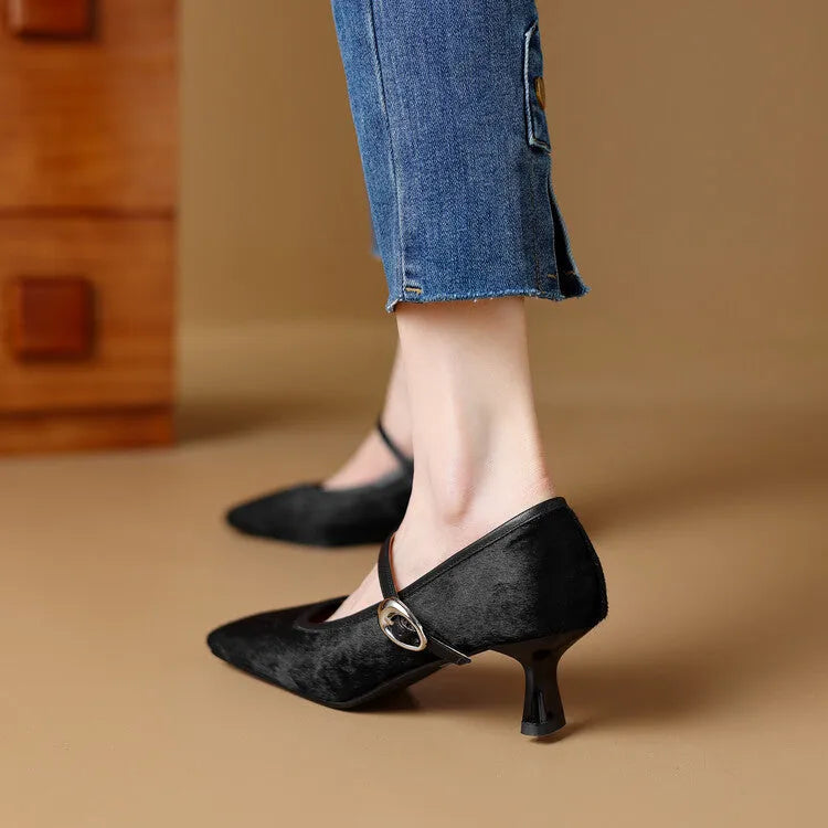 Women's black square toe stiletto heel ankle-strap shoes with horse hair upper.