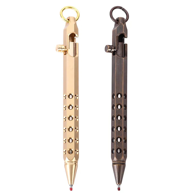 Brass hexagonal bolt rollerball pen with six-sided barrel and 0.5mm writing tip