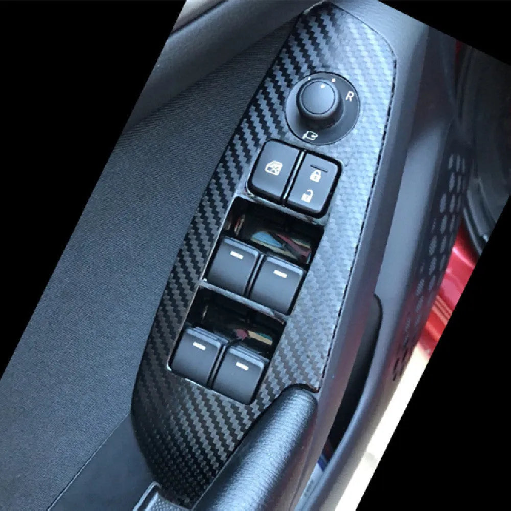 TPU protective film set for Ford Mustang door control panel switches in transparent, carbon fibre and matte black finishes