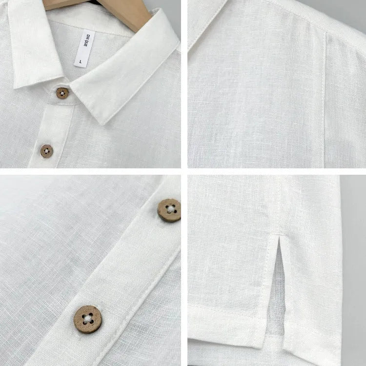Men's loose grey green linen summer top with thin lapel collar and short sleeves laid flat.