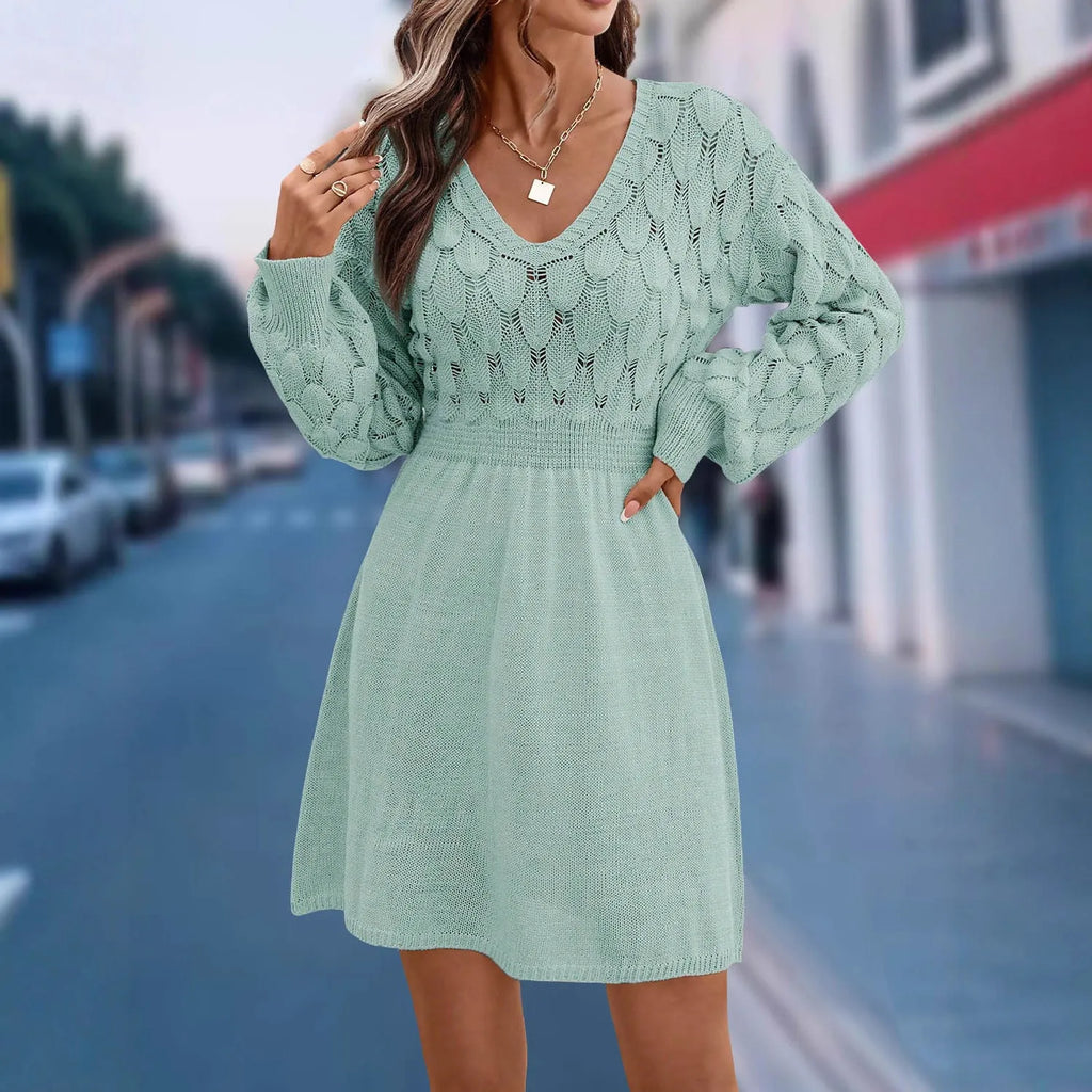 Women's V-neck artistic retro dress with high waist and 3D pattern in acrylic fibre