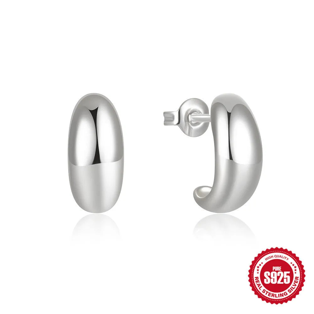 S925 sterling silver C-shaped geometric stud earrings with glossy electroplated gold or silver finish