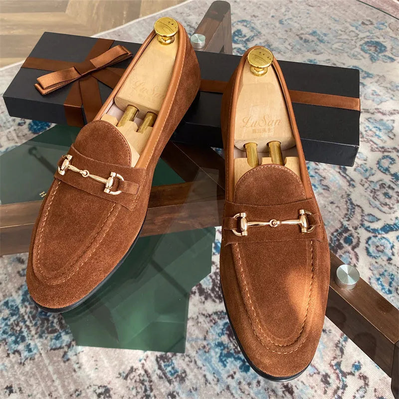 Men's soft structure suede horsebit slip-on shoes in dark brown with one-pedal design