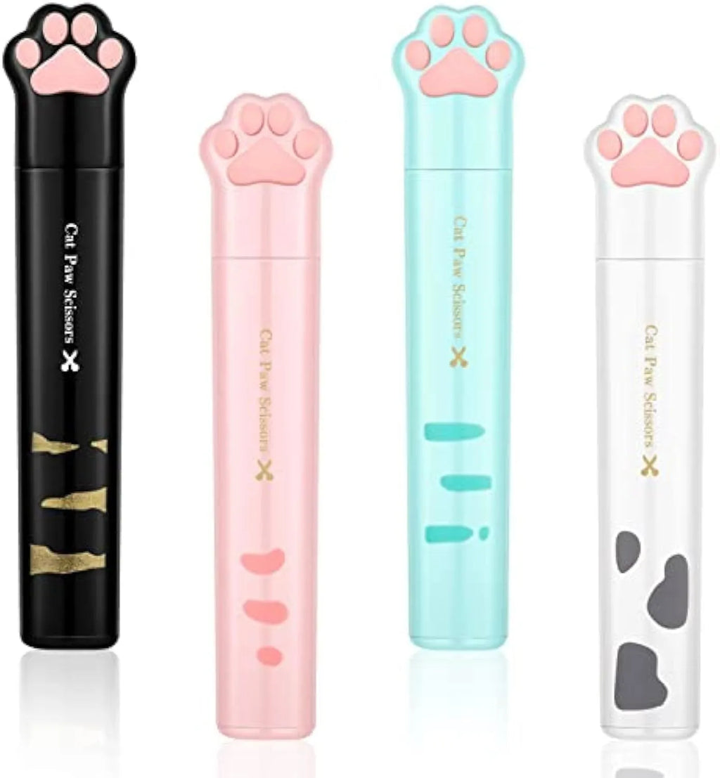 Cat paw mini folding scissors showing stainless steel blades and four colour options: pink, white, black, and blue