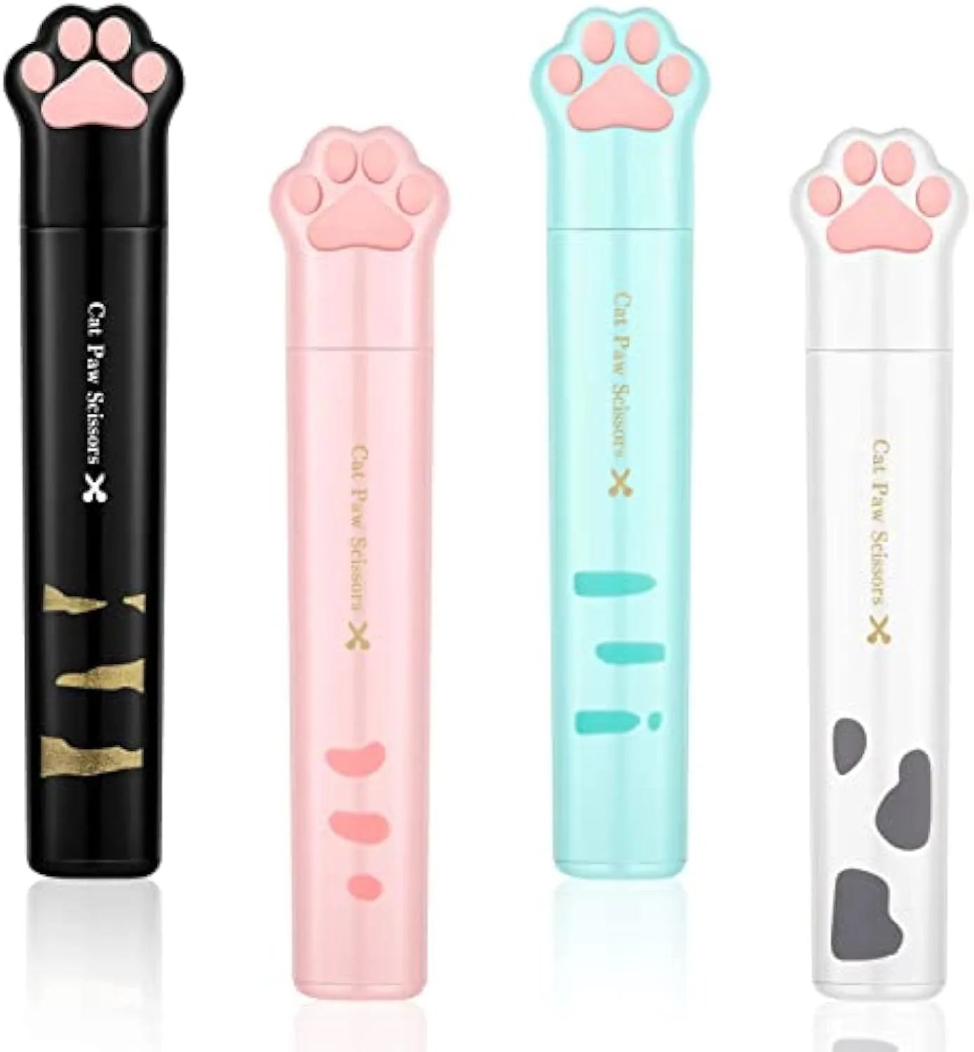Cat paw mini folding scissors showing stainless steel blades and four colour options: pink, white, black, and blue
