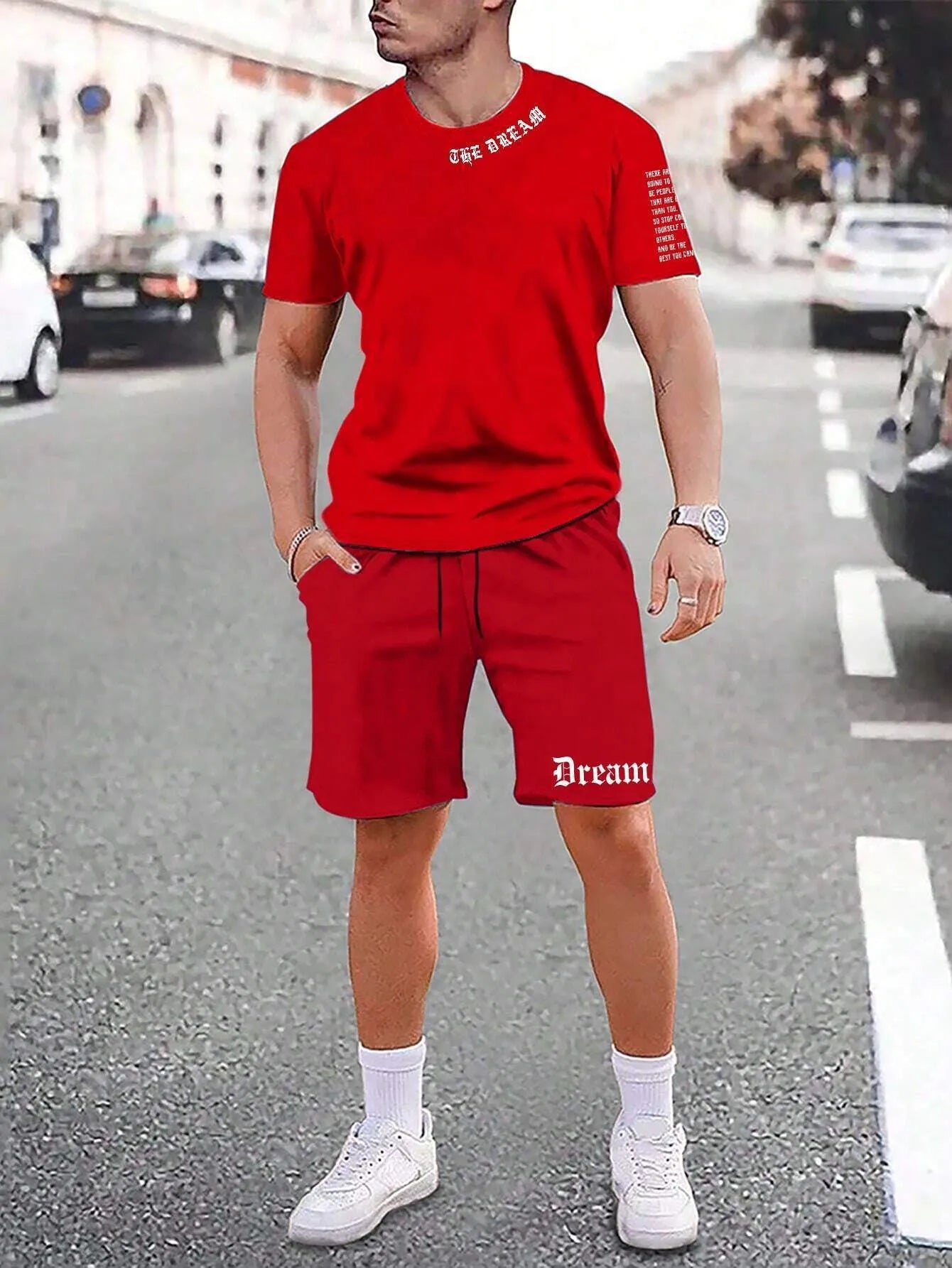 Sports style short-sleeved shorts set with printing pattern in polyester blend fabric