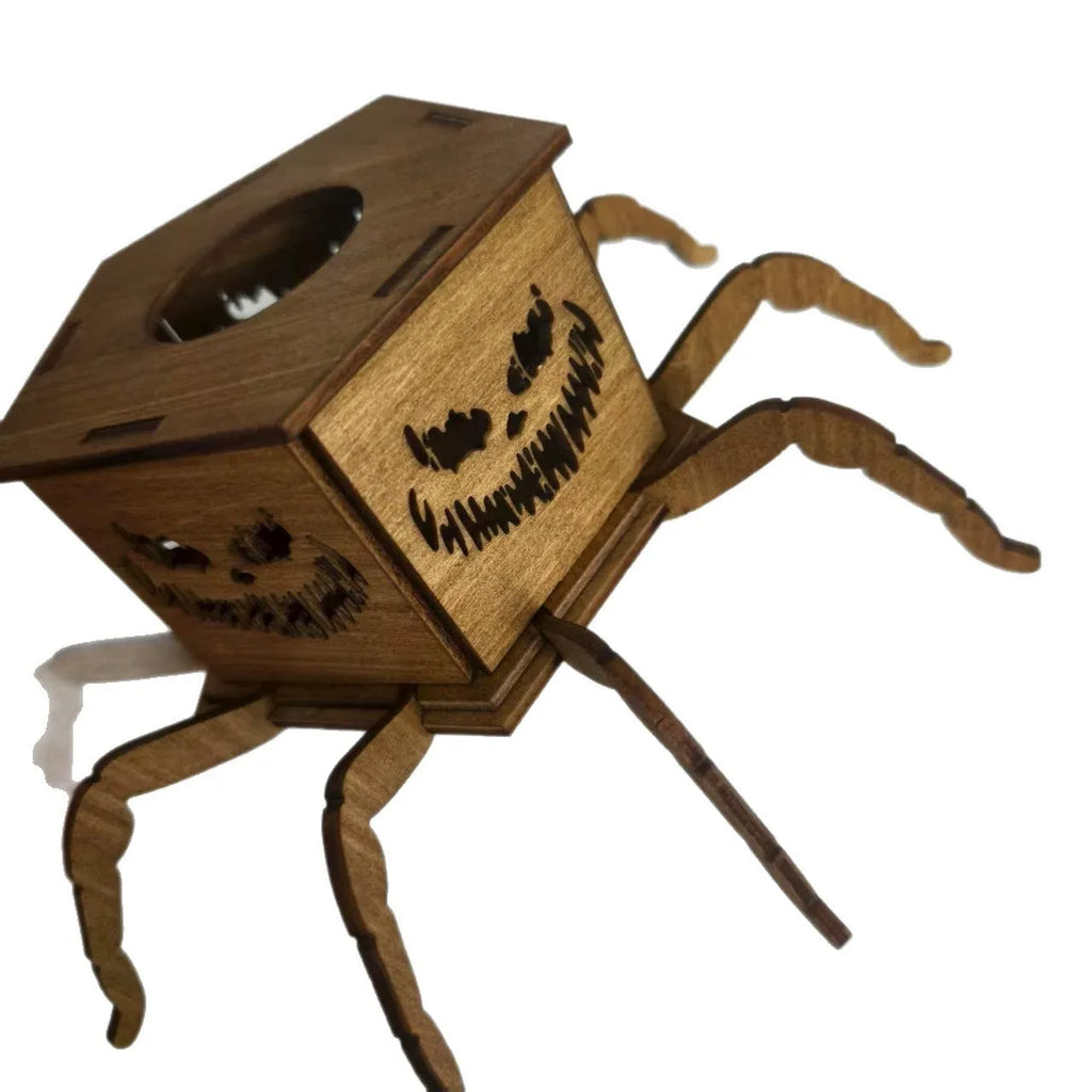 Wooden spider Halloween lantern candlestick decoration measuring 21cm tall