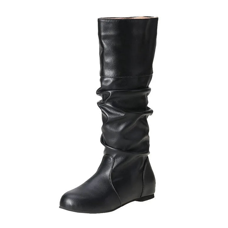 Women's black slip-on flat ankle boots with high shaft and round toe