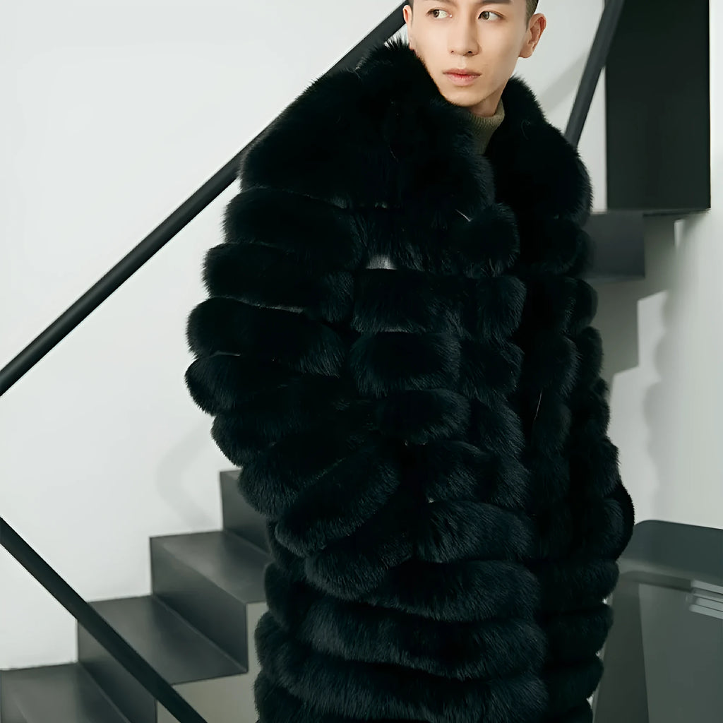 Men's real fur long winter coat in dark black with pockets and regular sleeves
