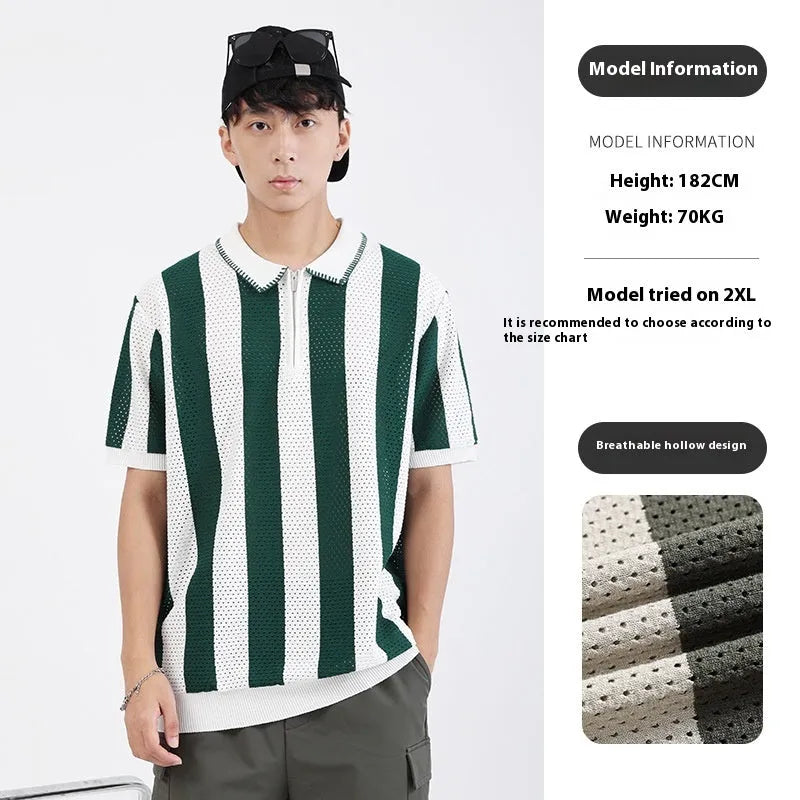 Man wearing a striped ice silk short sleeve sweater with a zipper decoration detail on the front.