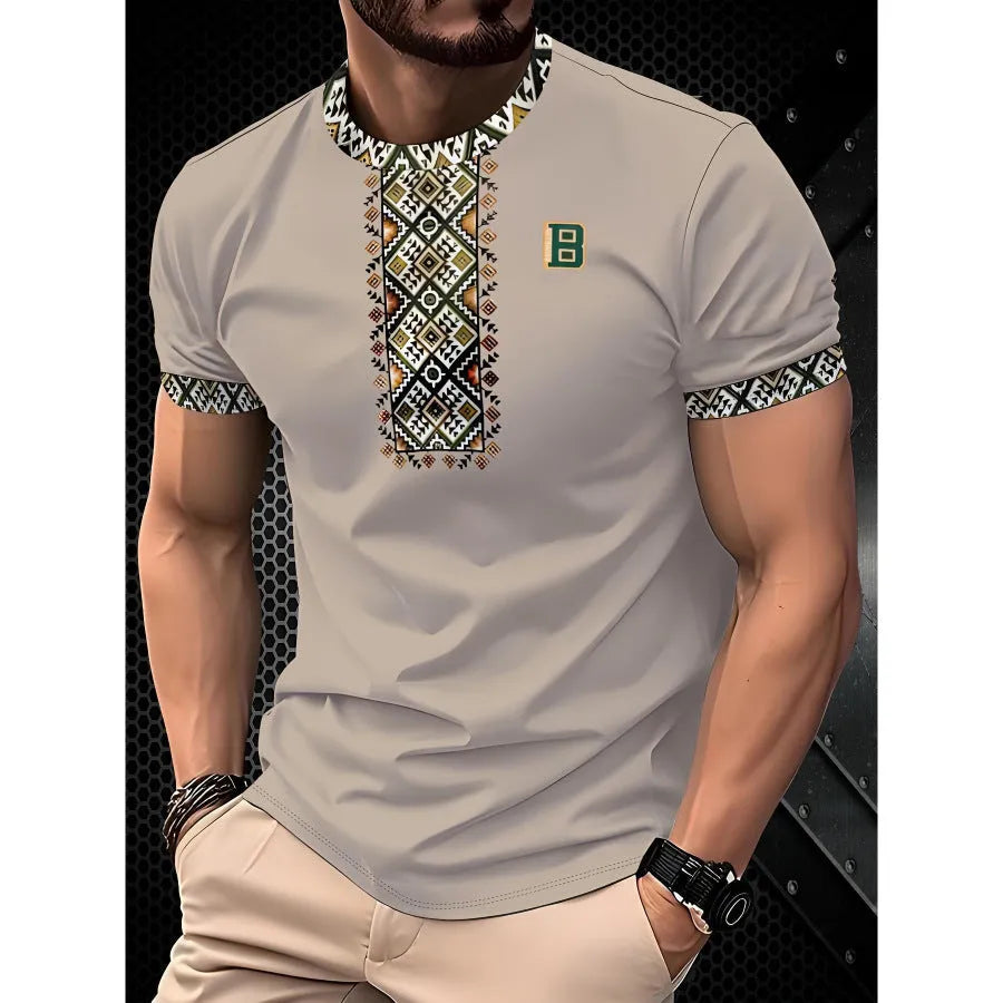 Man wearing a loose-fit short sleeve t-shirt with a raised digital 3D printed stripe pattern in blue.