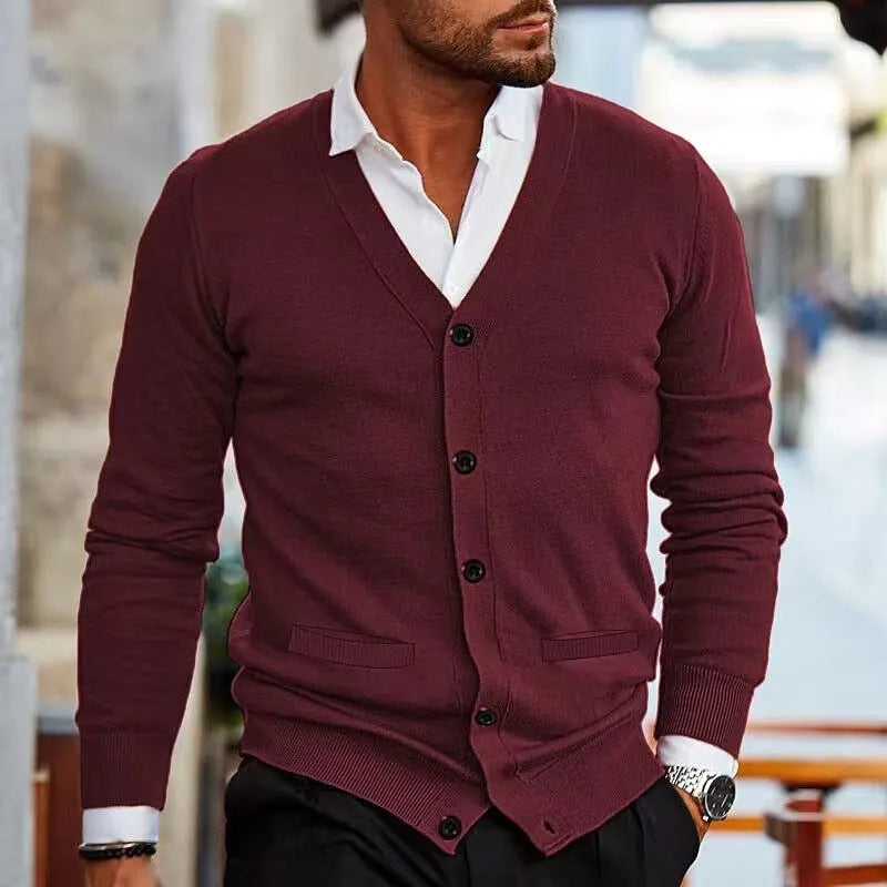 Men's slim fit acrylic cardigan sweater in a range of colours including black, grey, and wine red.