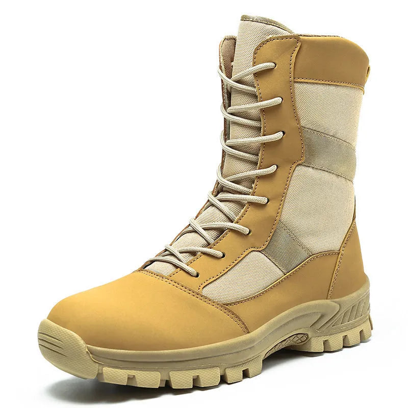 Men's plus size mesh high-top shoes in black and camouflage colours showing sports style combat boot design