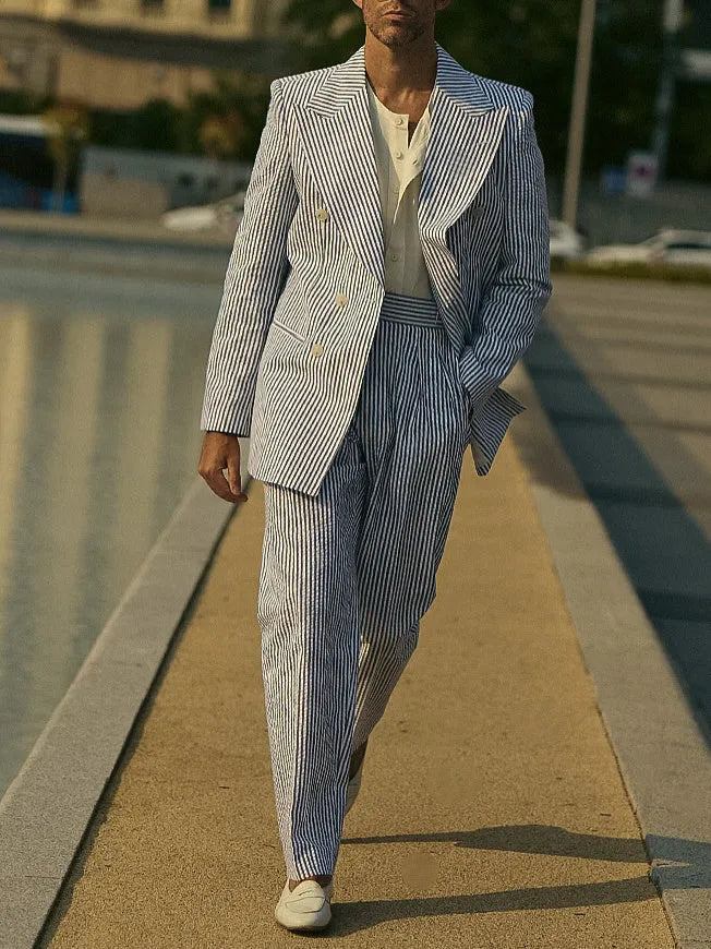 Blue and white striped polyester suit set with blazer and trousers for professional daily wear