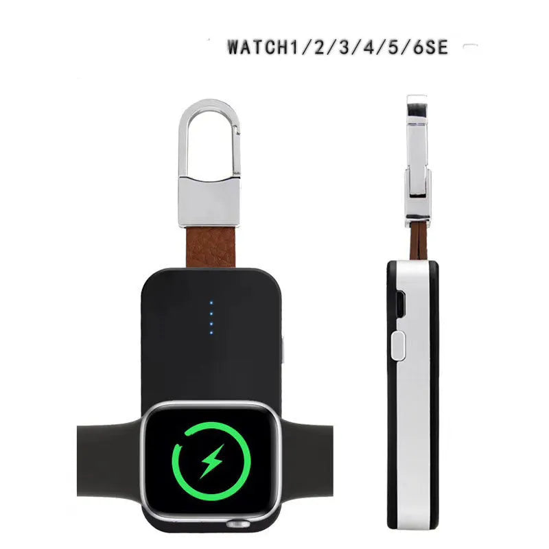 Black portable keychain power bank for wireless charging of Apple Watch on a white background.