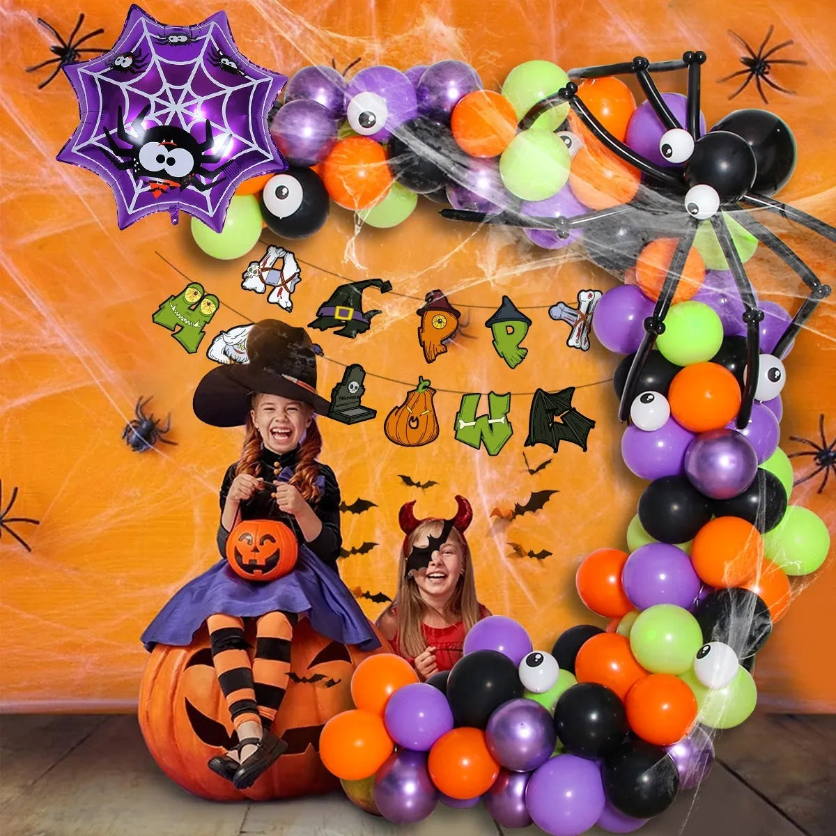 Halloween balloon combo set showing spider arch with black and white pumpkin and skull balloons