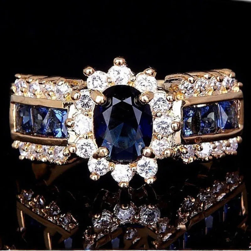 Three fashion ring designs: sunflower blue diamond, square blue zircon, and square purple zircon rings in zinc alloy