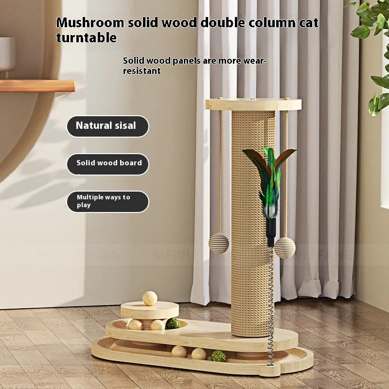 Solid wood cat scratching post with turntable and climbing frame in natural wood finish
