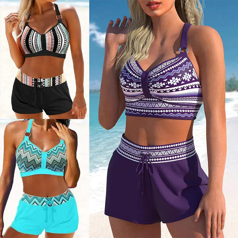 Women's two-piece polyester swimsuit bikini in printed designs available in S, M, L, XL sizes