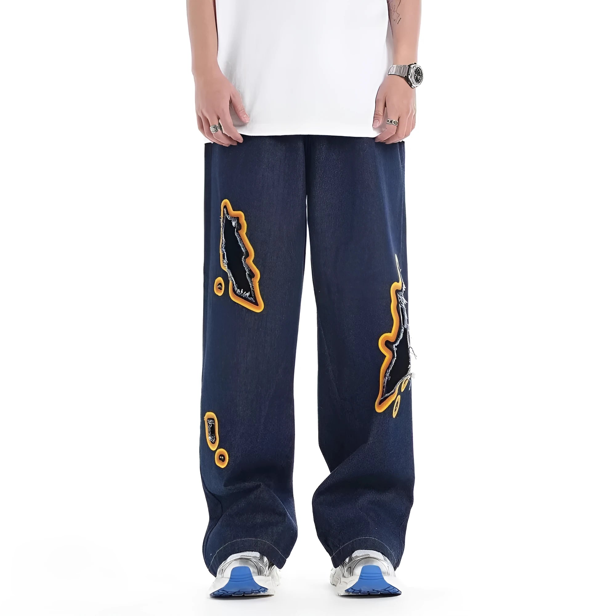 Casual Straight-Leg Trousers Cotton Blend Fabric Retro Washed Ripped Embroidery Niche Design Loose Fit Zipper Fly Sizes S-4XL White Unisex Everyday Wear