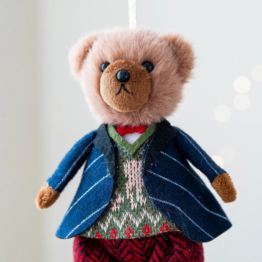 Couple plush bear dolls in cotton plaid suits showing gentleman and princess bear characters
