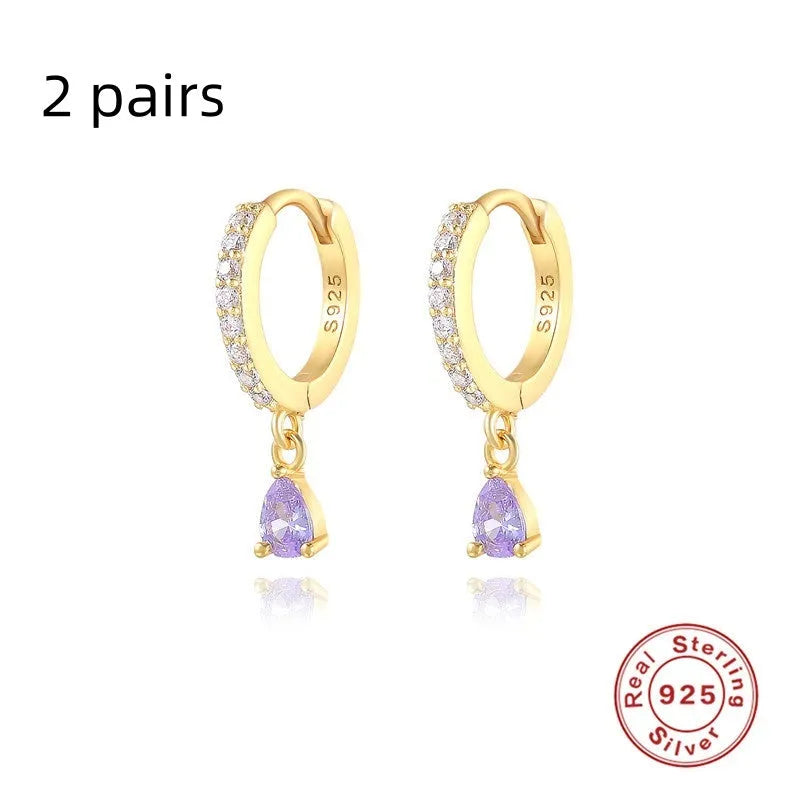 S925 sterling silver geometric water drop earrings with electroplated finish and gemstone accents