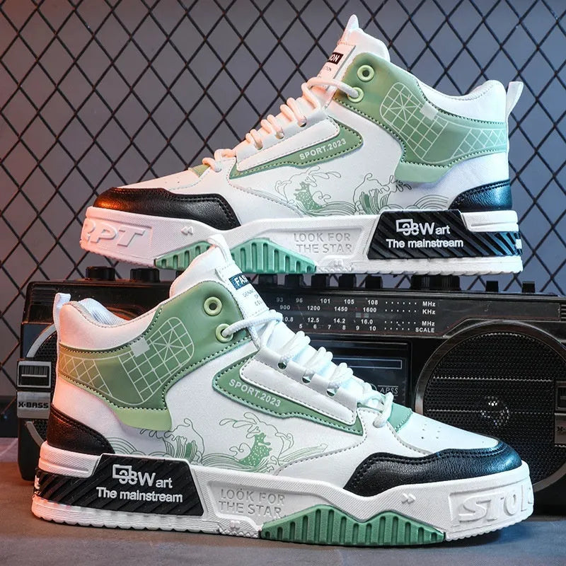 Men's beige high-top board shoes with mesh lining and rubber sole