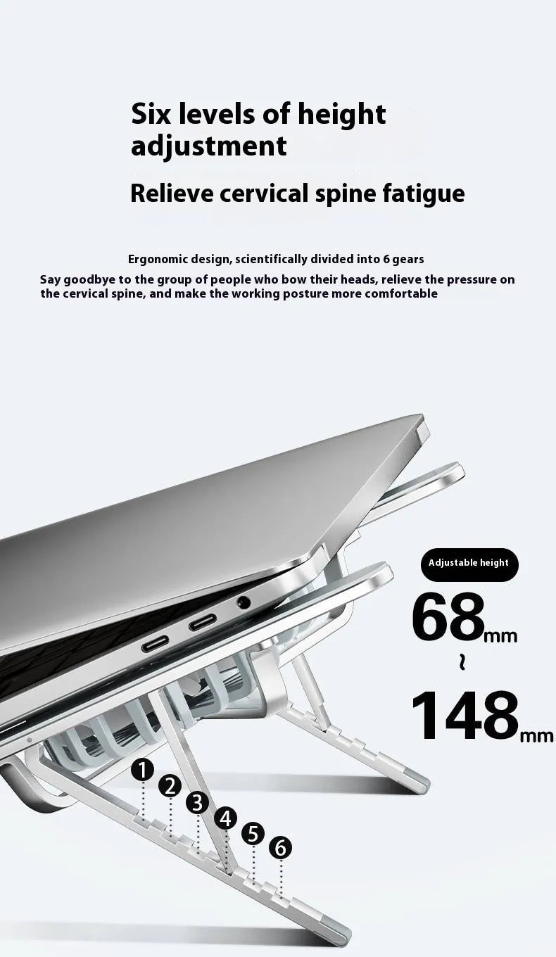 Silver aluminium laptop stand with twin cooling fans in a lifted position on a desk