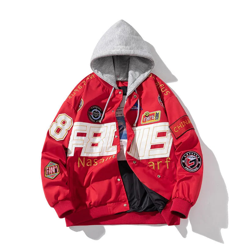 Black motorcycle baseball uniform jacket with removable hood shown in loose fit sizing