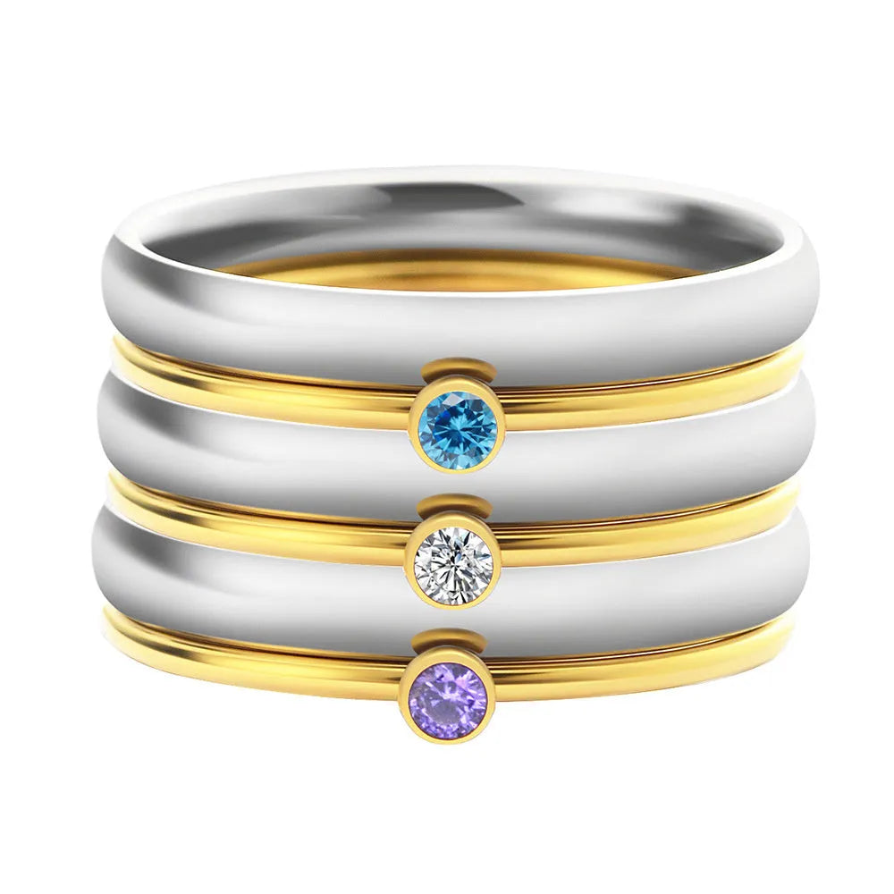 December birthstone titanium steel ring with engraved geometrical design showing superimposed colour combination