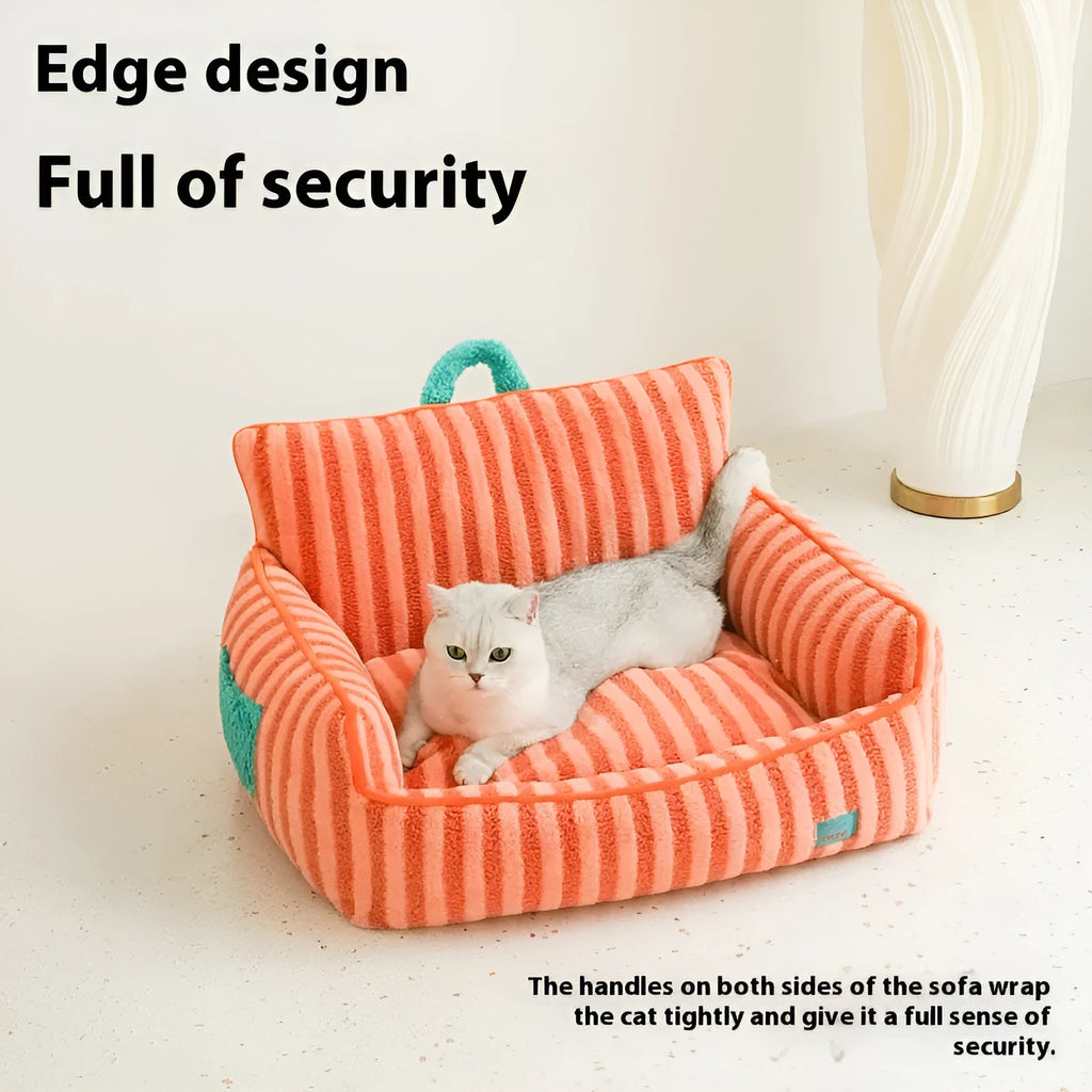 Striped soft velvet pet bed for small dogs with removable washable cover in orange colour