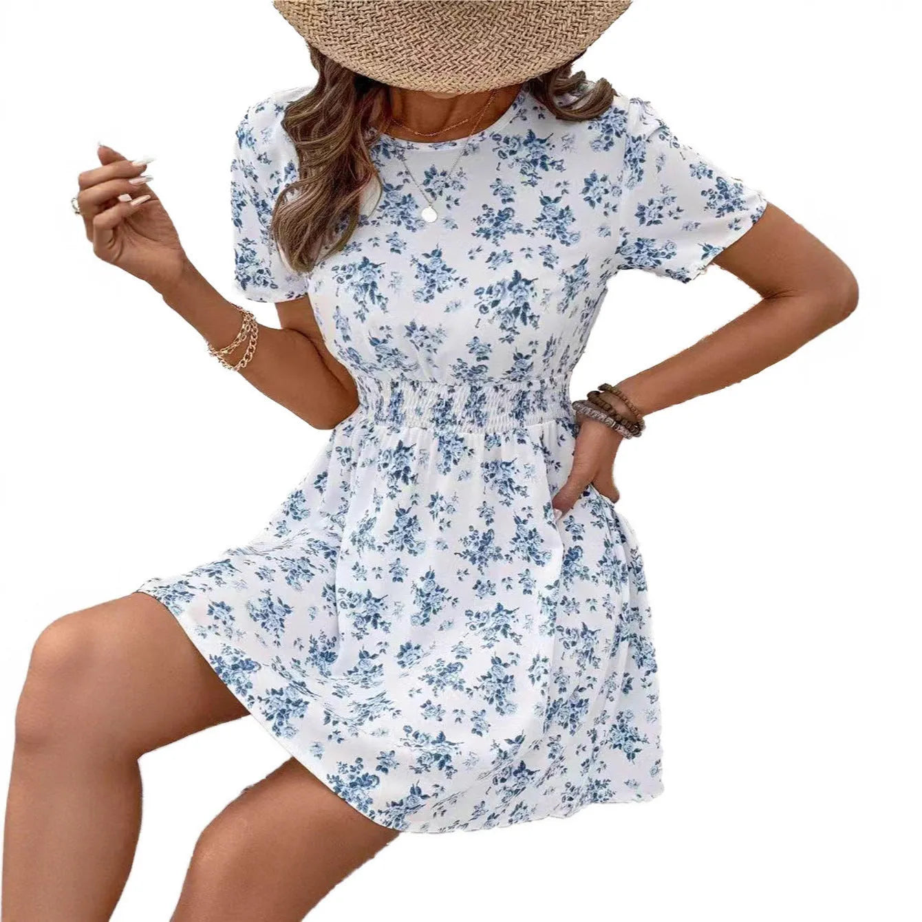 Light blue printed A-line casual dress with high waist and midi length, on a model.