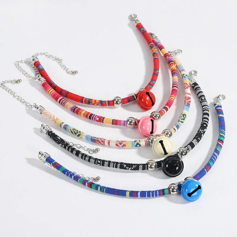 Ethnic pattern adjustable pet collar with bell attachment in multiple colour options