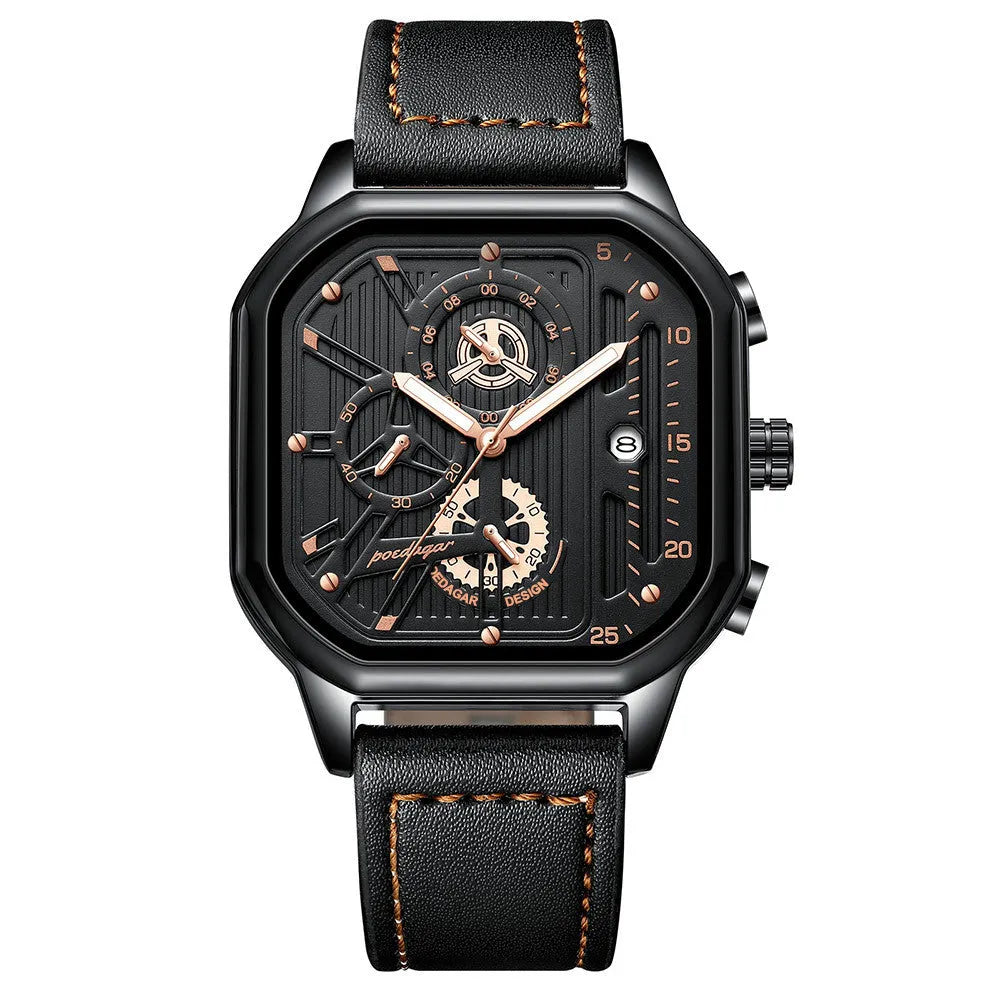 Men's multifunctional quartz watch with belt-style strap showing black shell with gold nails design